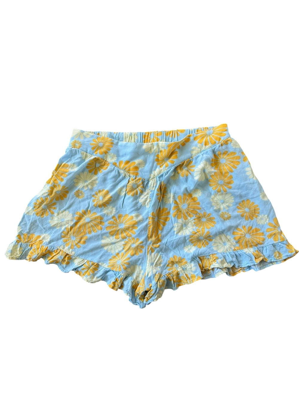 High-Waist Light Blue Floral Ruffle Shorts